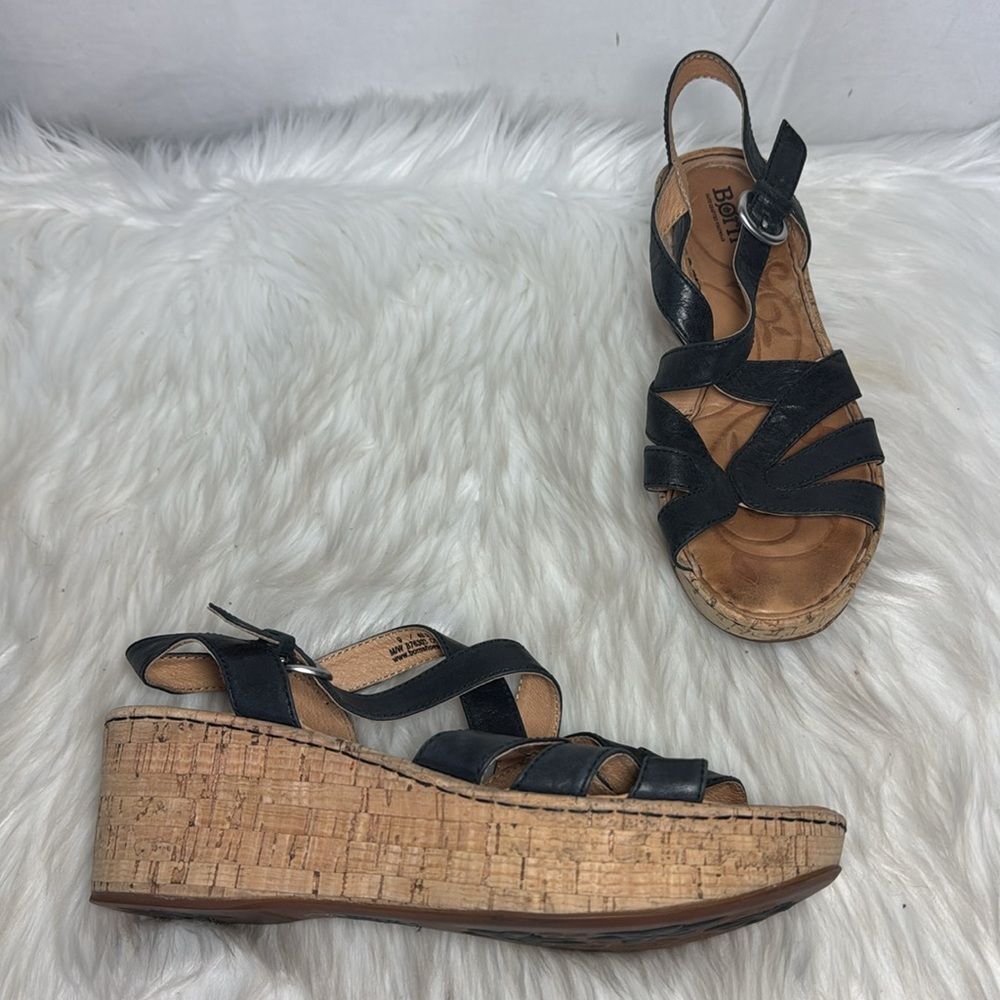 Born‎ Women's Strappy Black Leather Cork Platform Sandals Sz 9